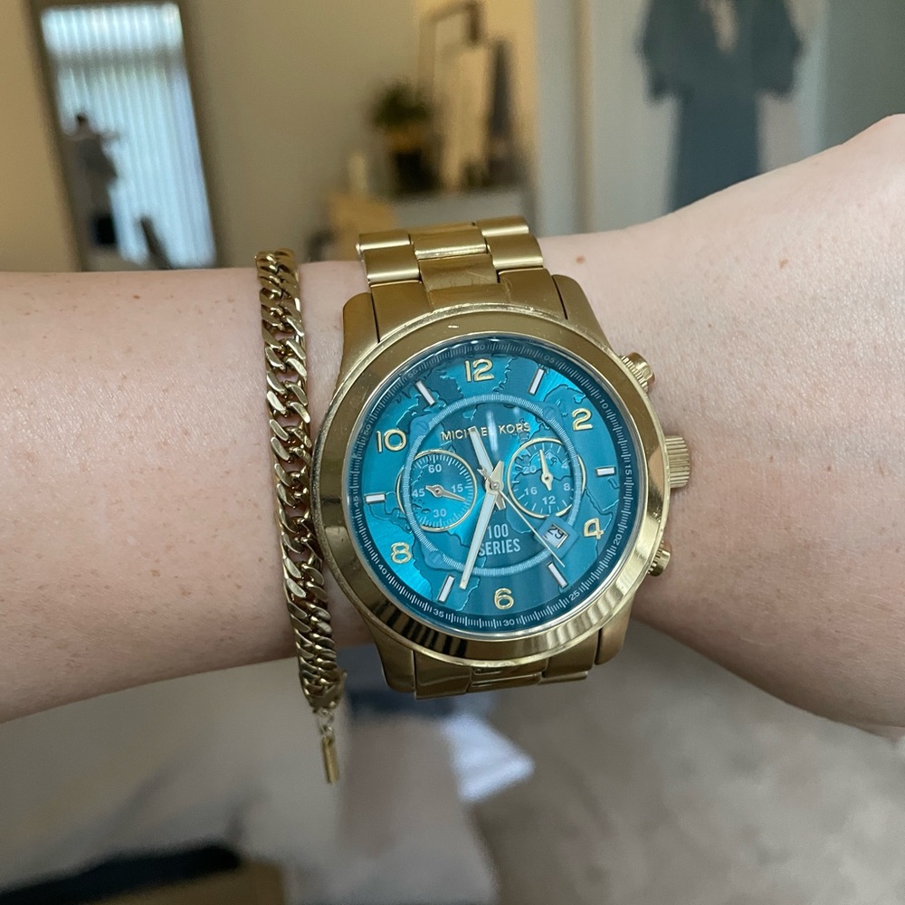 Michael Kors Limited Edition Oversized Runway Watch in Gold with Blue Map